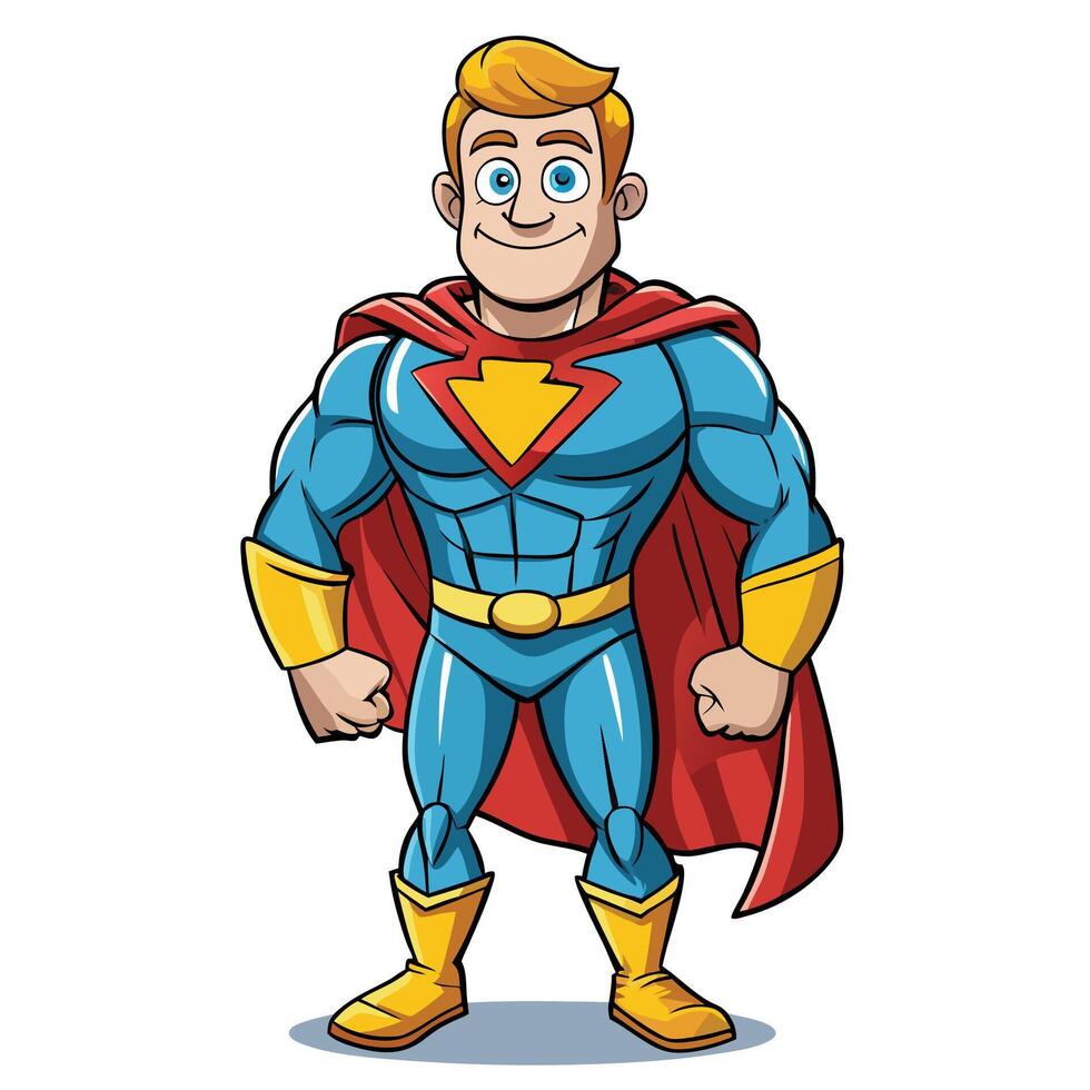 cartoon super hero with blue cape and yellow belt vector
