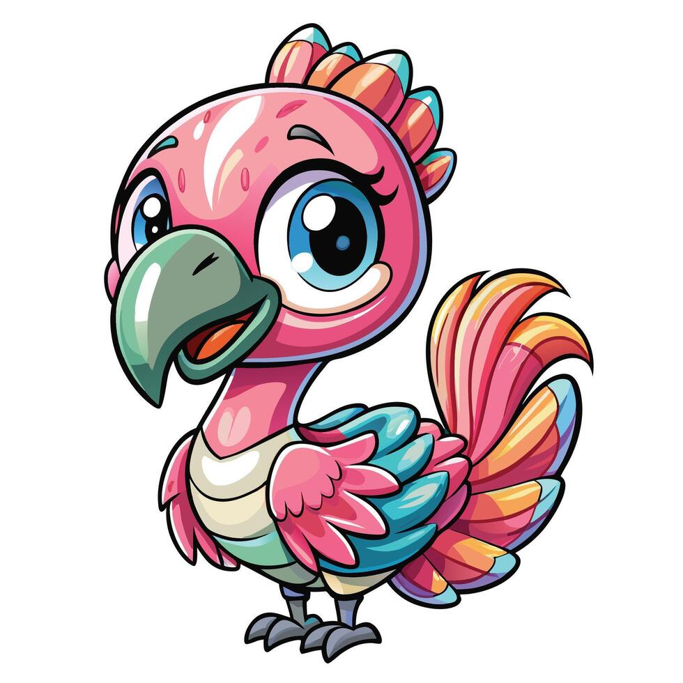 cartoon pink parrot with big eyes and colorful feathers vector