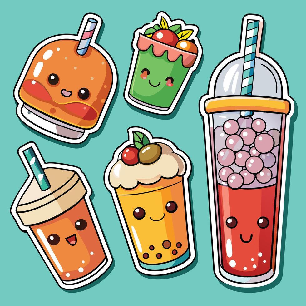 cute kawaii bubble tea stickers set vector