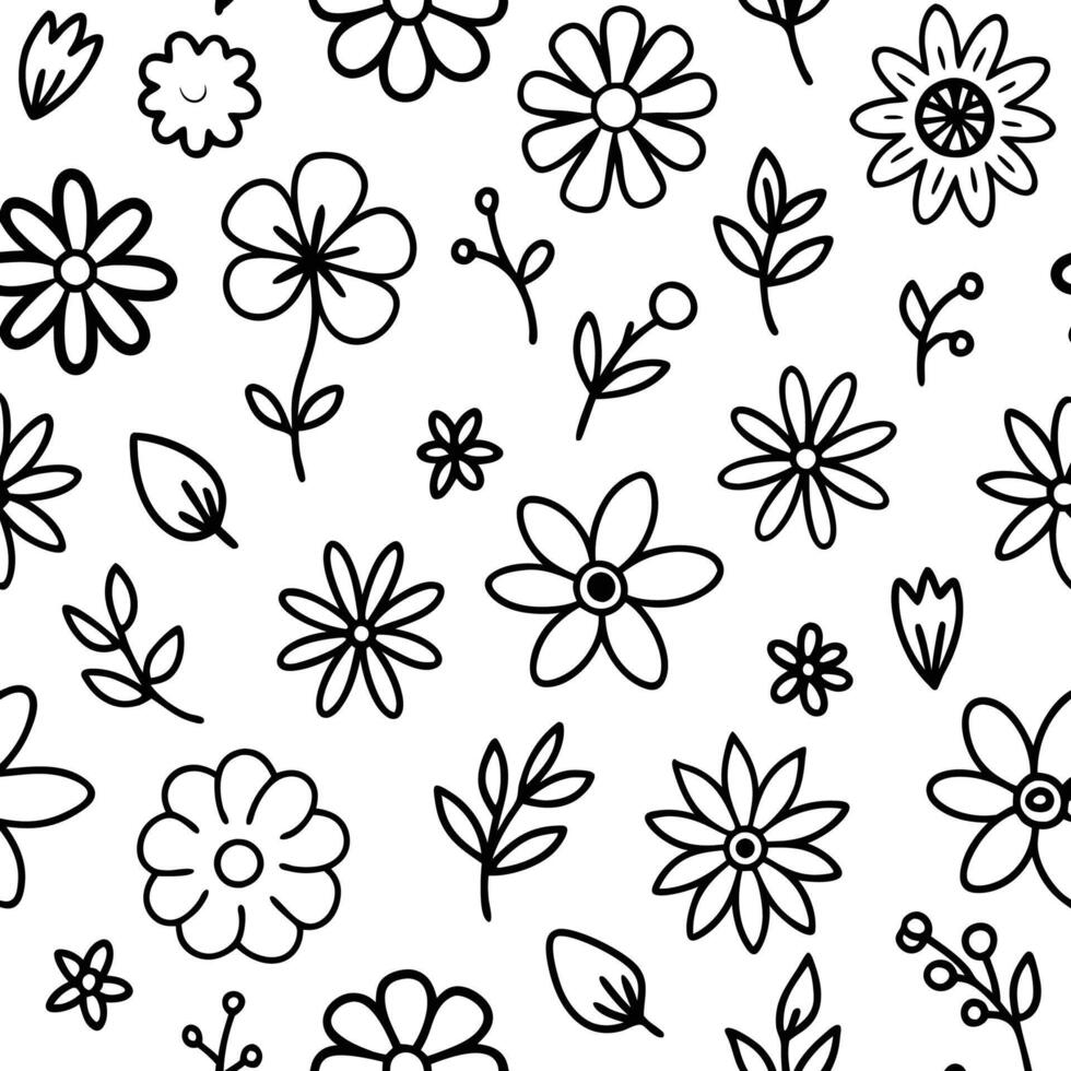 a black and white doodle pattern with flowers vector