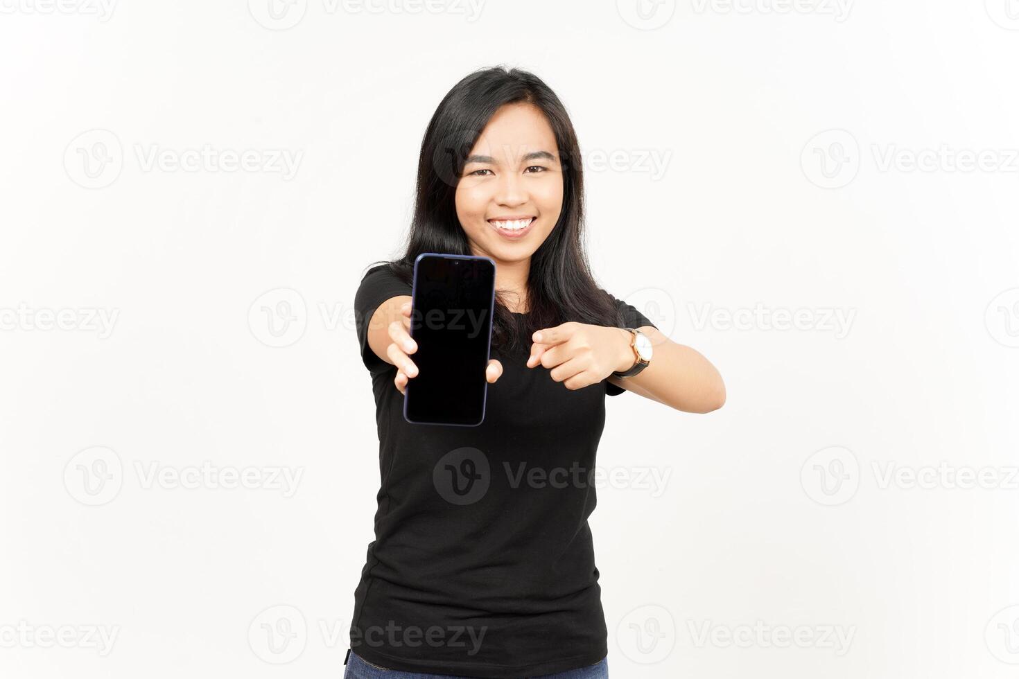 Showing Apps or Ads On Blank Screen Smartphone of Beautiful Asian Woman Isolated On White Background photo