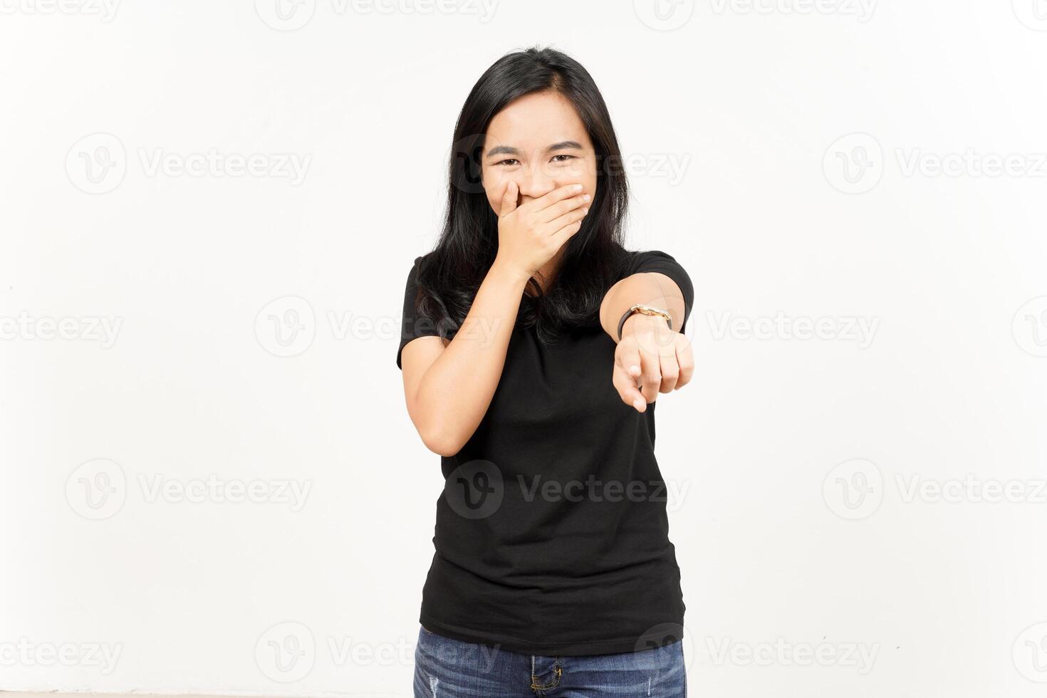 Pointing at you and laughing of Beautiful Asian Woman Isolated On White Background photo