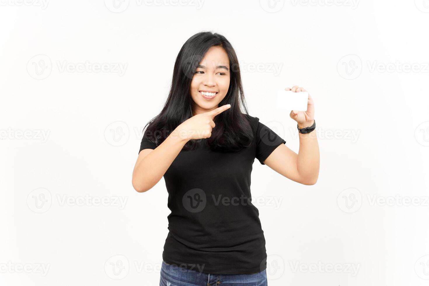 Holding Blank Bank Card Or Credit Card of Beautiful Asian Woman Isolated On White Background photo