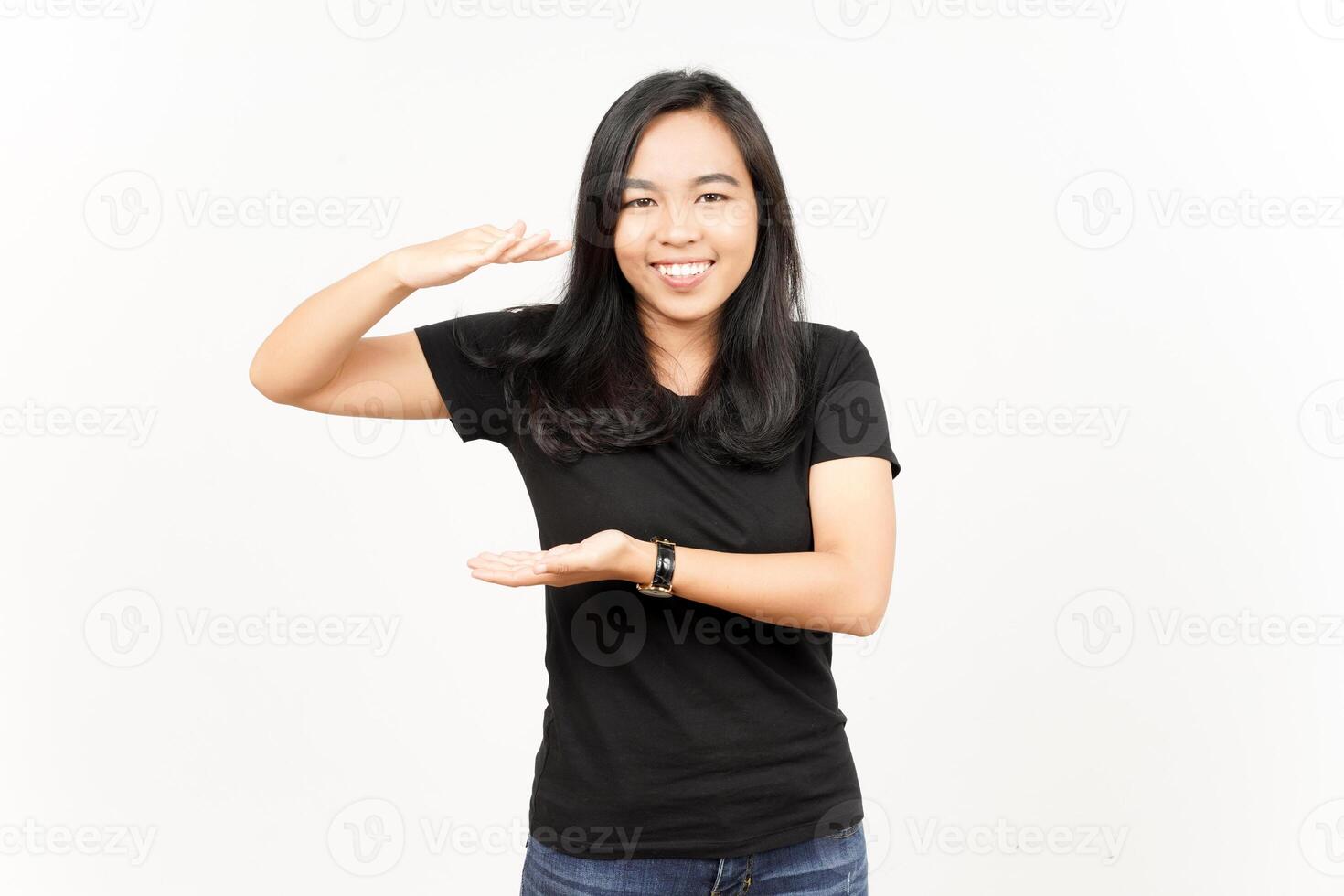 Measuring and Showing Big Sign Product of Beautiful Asian Woman Isolated On White Background photo