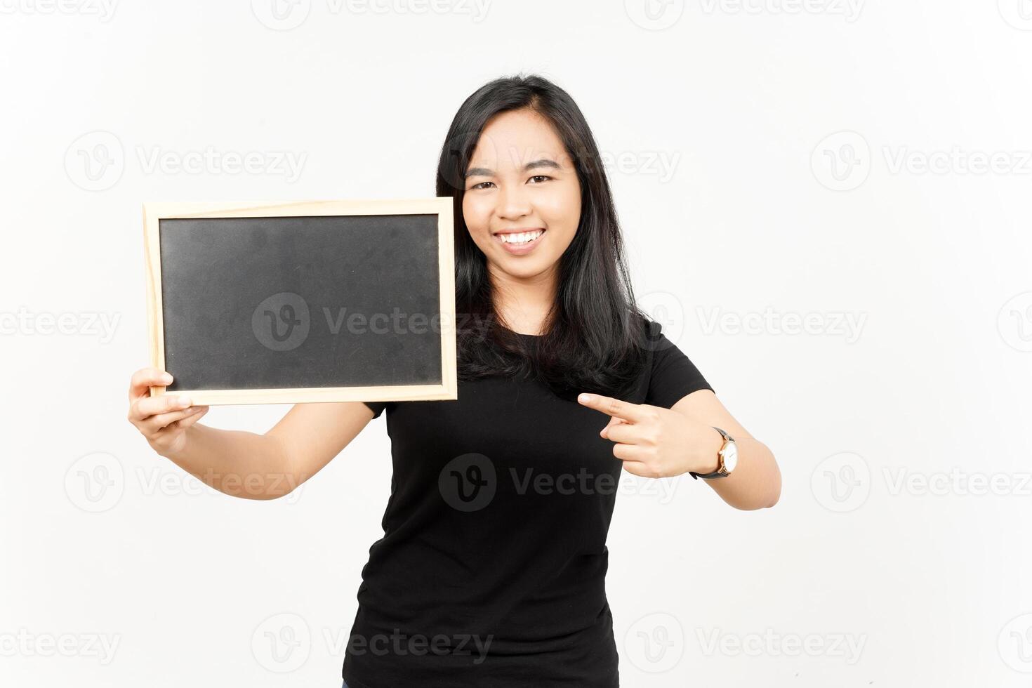 Showing, Presenting and holding Blank Blackboard of Beautiful Asian Woman Isolated On White photo