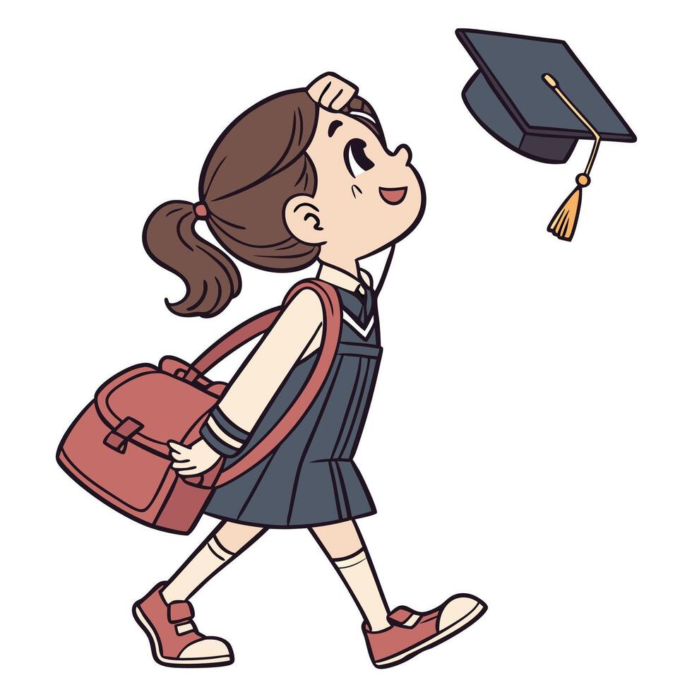 a girl in a graduation cap and gown is walking away vector