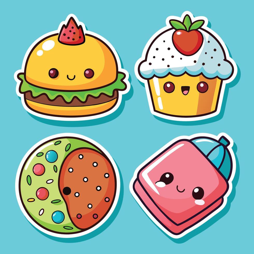 cute hamburger, burger, and donut stickers vector