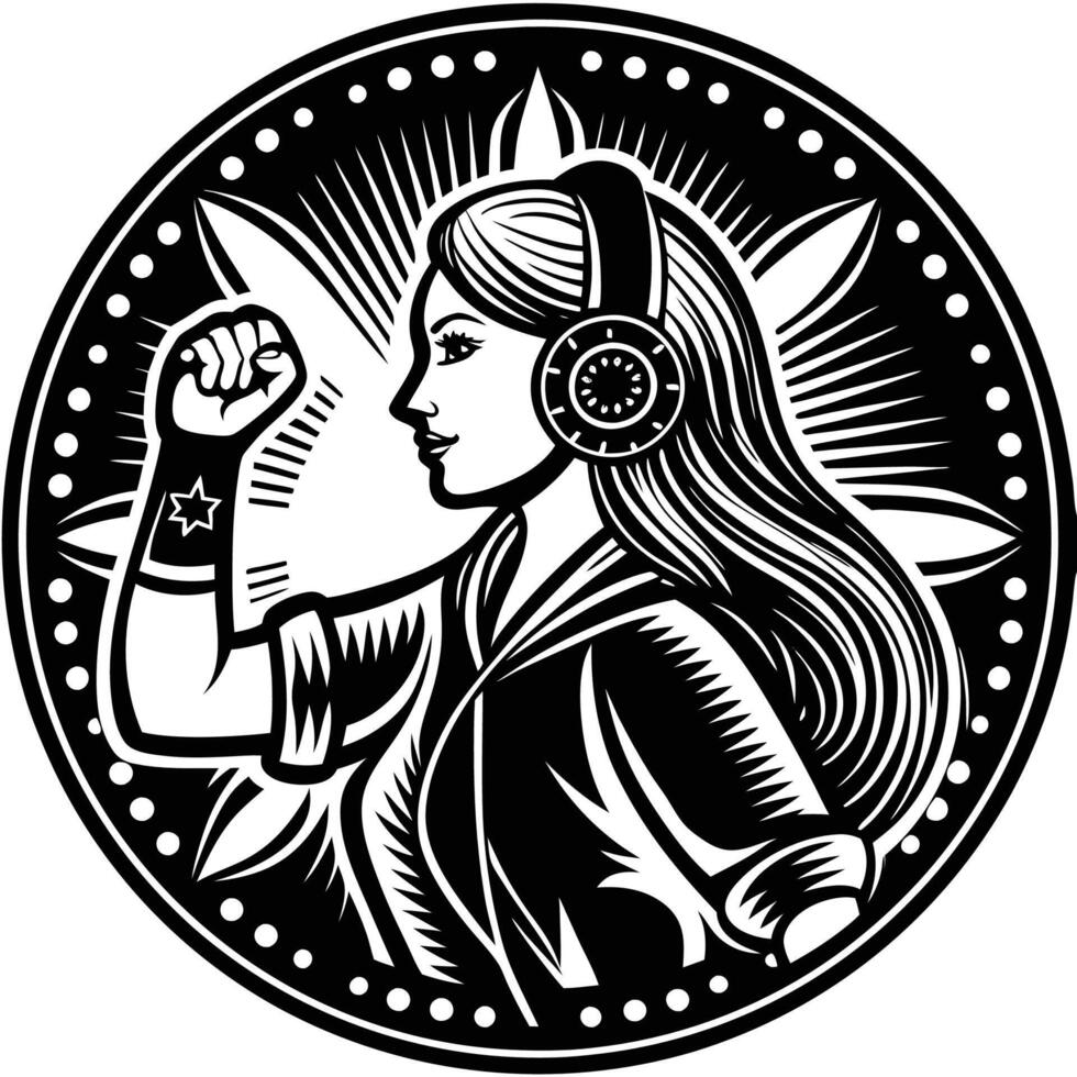 a woman with headphones in her hand and a fist in the air vector