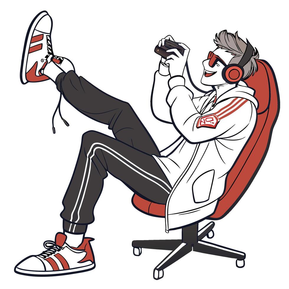 a man sitting in a chair with headphones on vector
