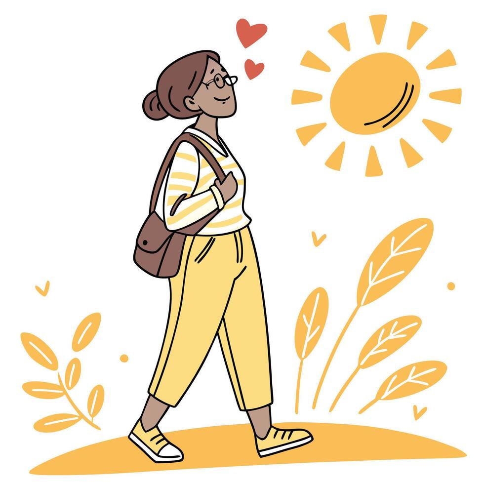 a woman walking with a backpack and a sun in the background vector