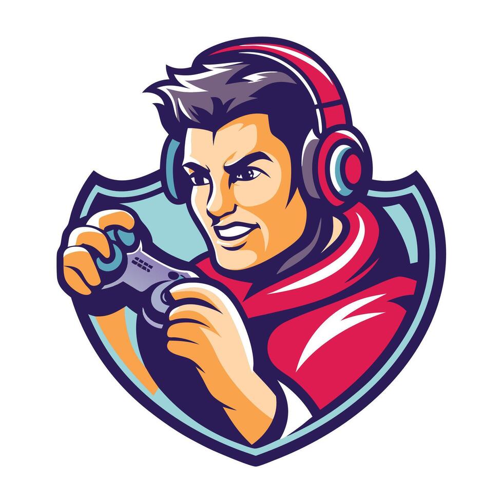 mascot icon game player with controller set inside shield crest on isolated background done in retro vector