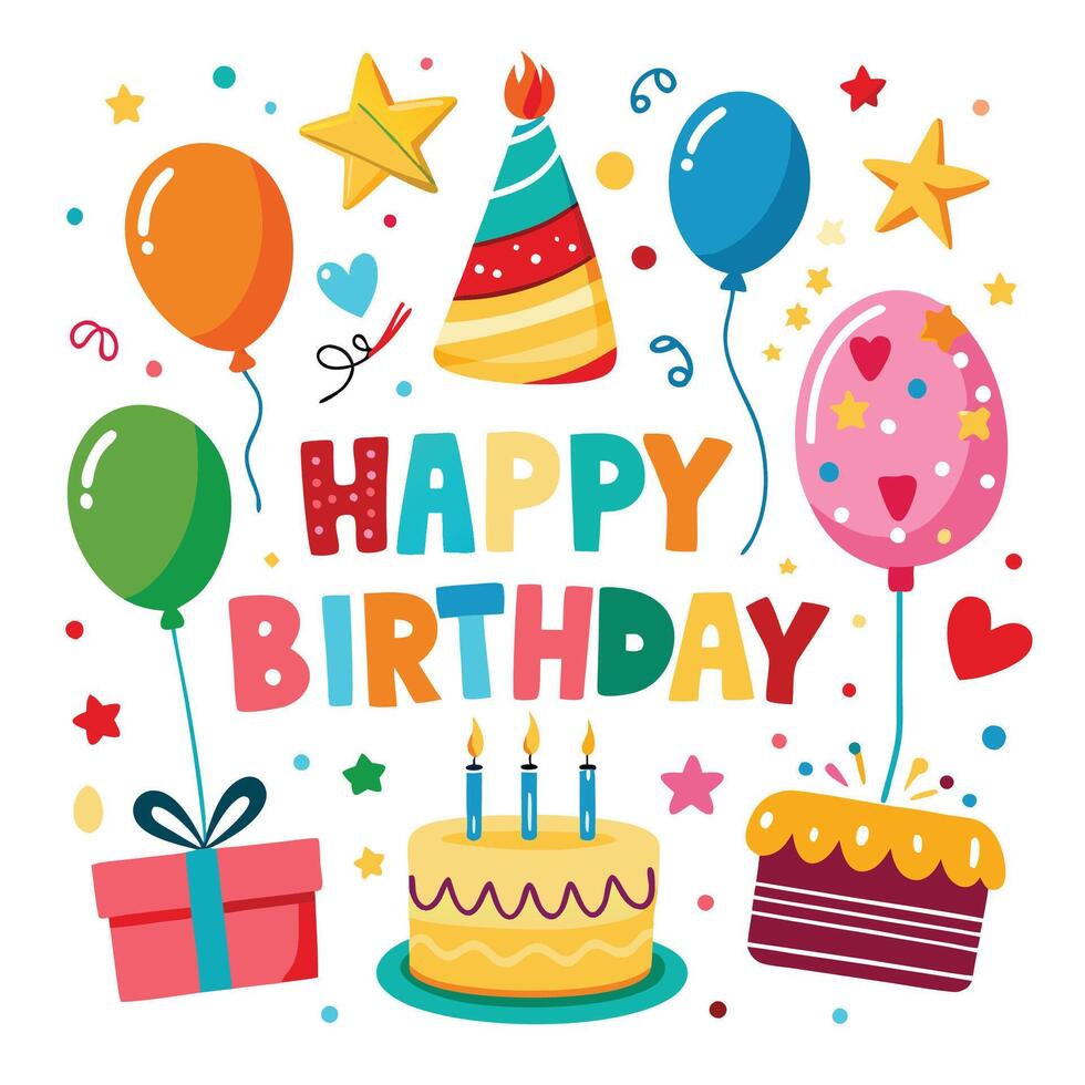 happy birthday card with balloons, cake and presents vector