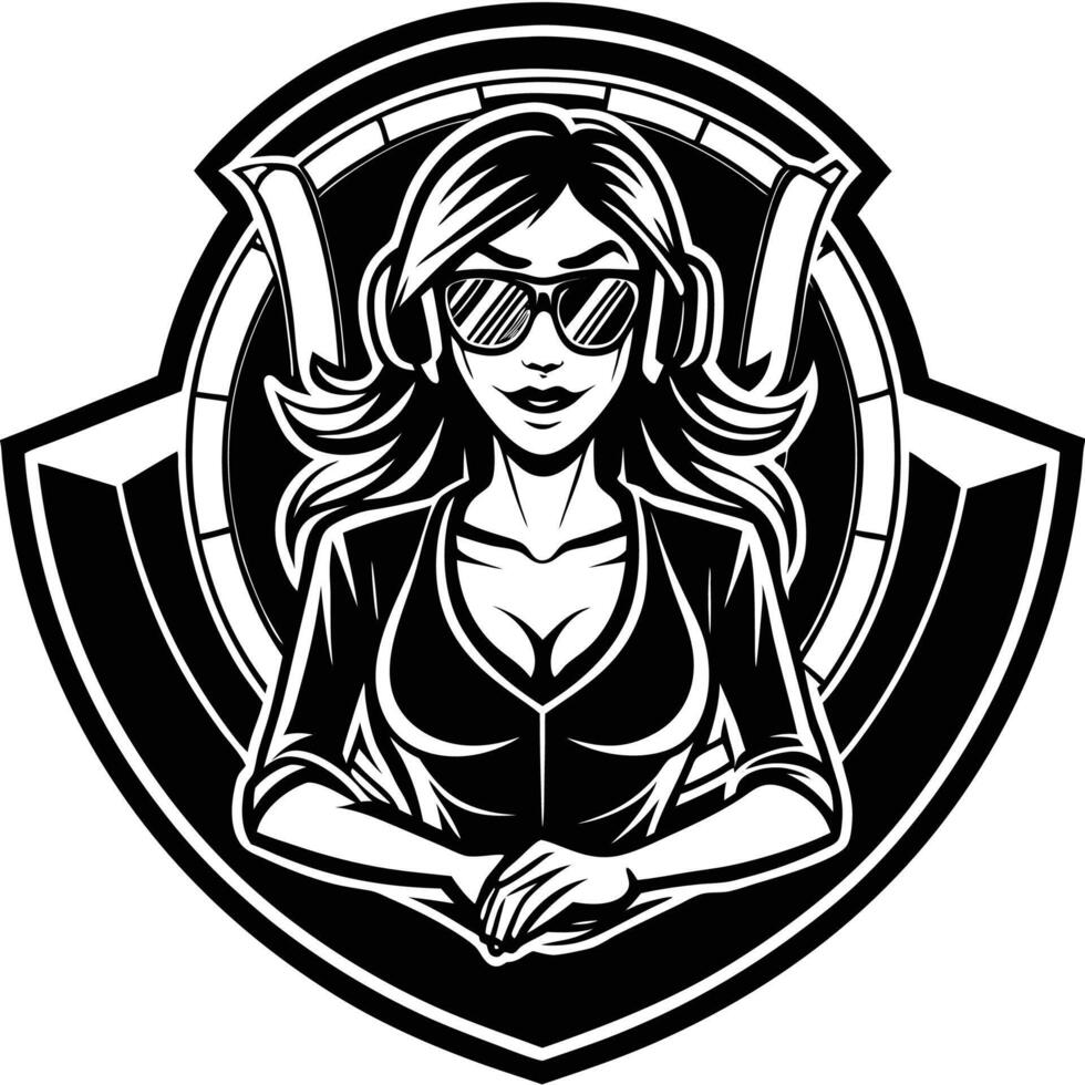 a woman in sunglasses and a black and white emblem vector