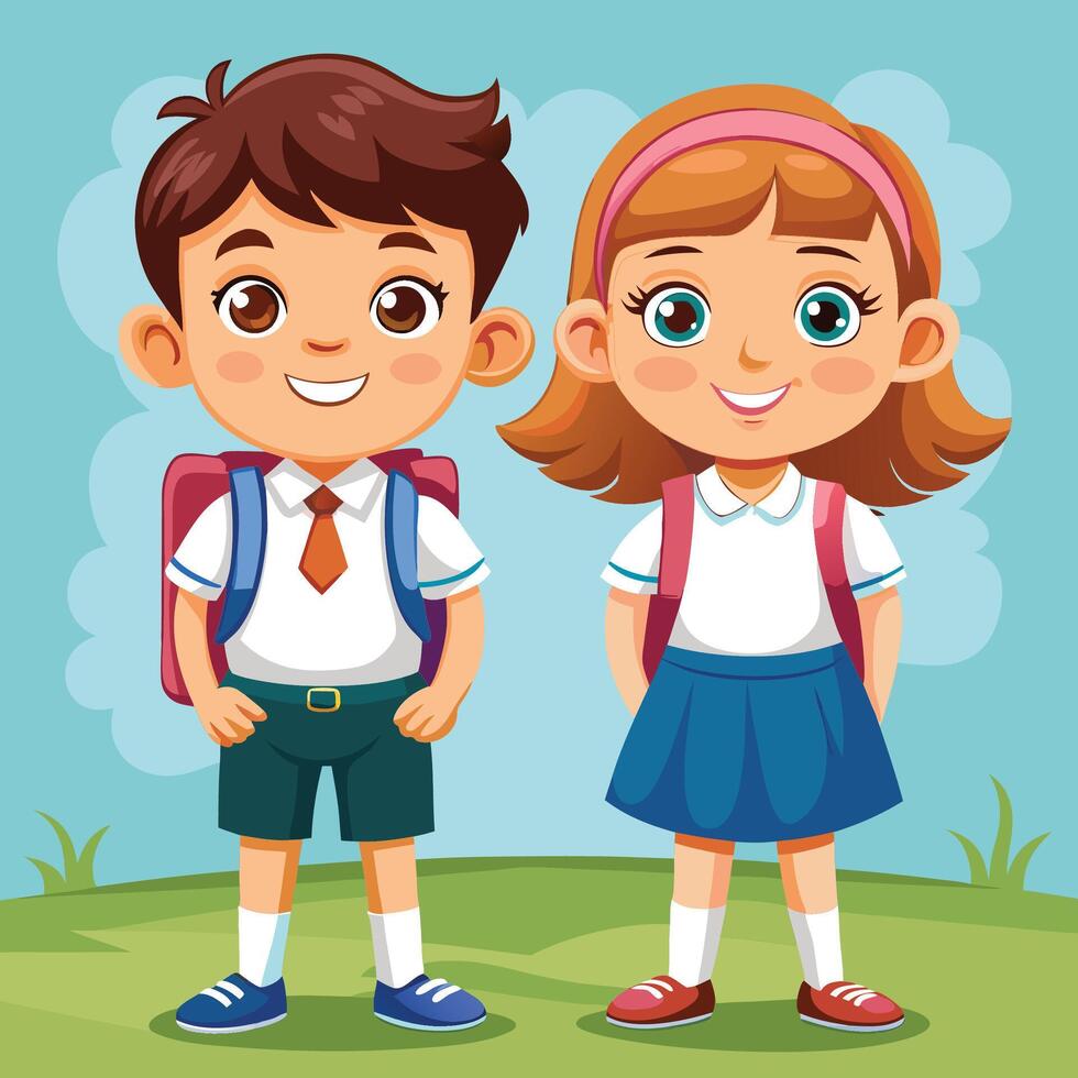 cartoon boy and girl in school uniform standing in the field vector