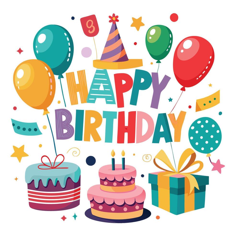 happy birthday card with balloons and gifts vector