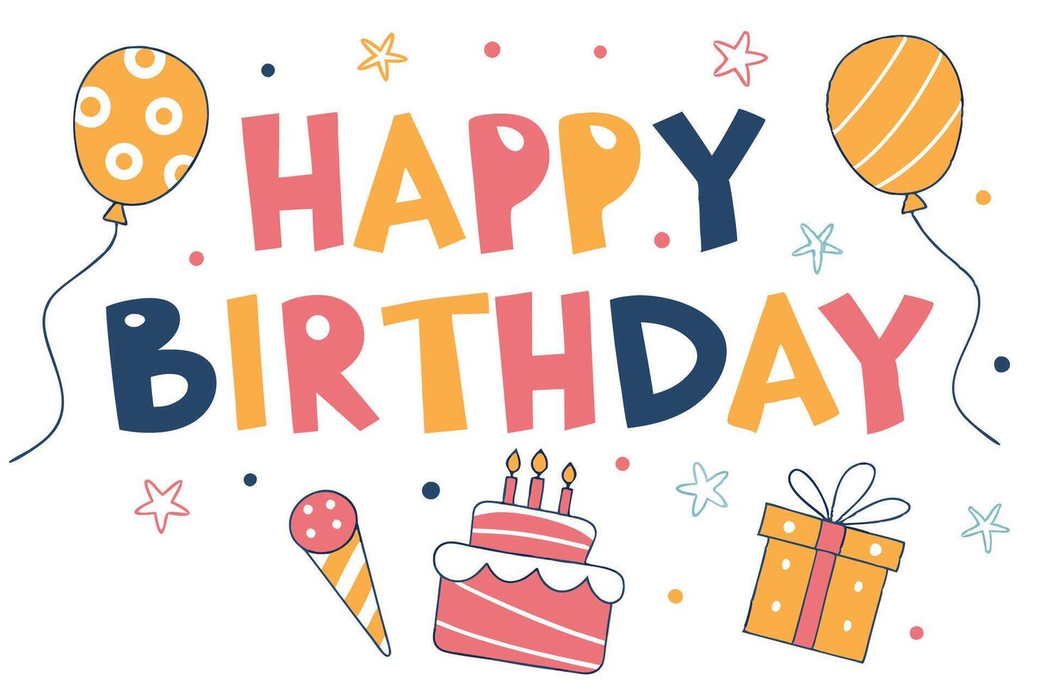 happy birthday card with balloons, cake and presents vector
