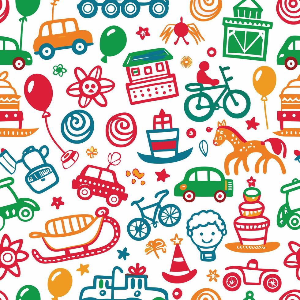 a colorful pattern with various toys and vehicles vector
