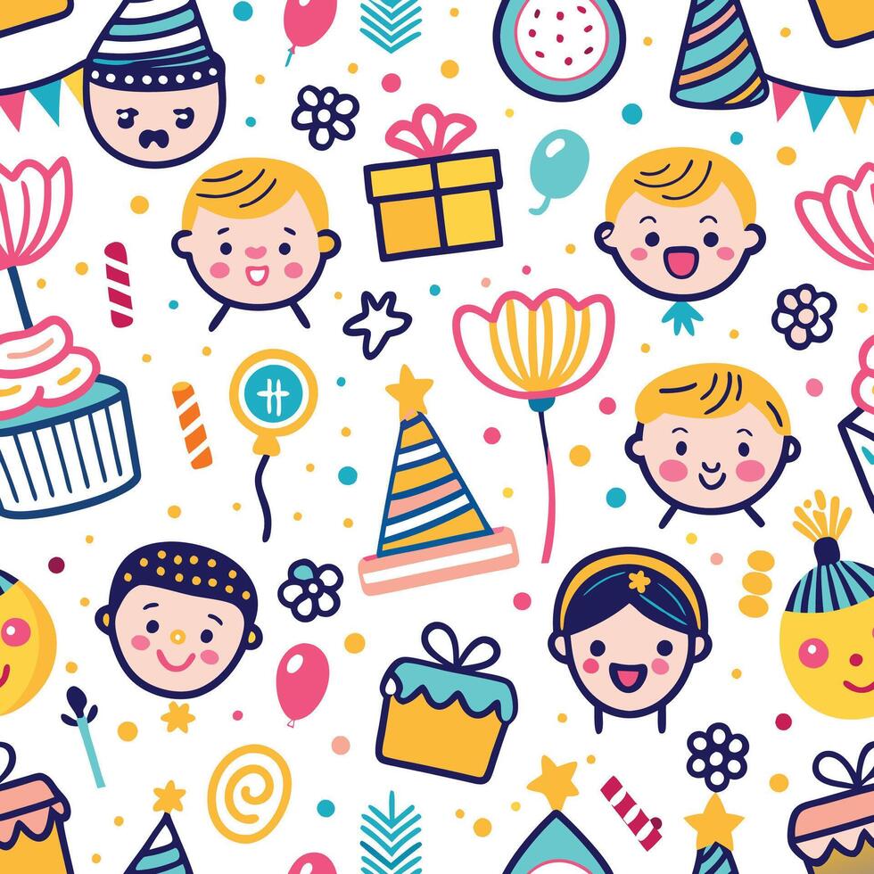 birthday seamless pattern with cute cartoon characters vector
