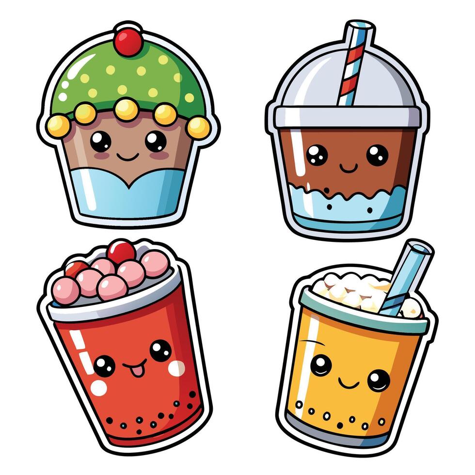 cute bubble tea stickers set vector