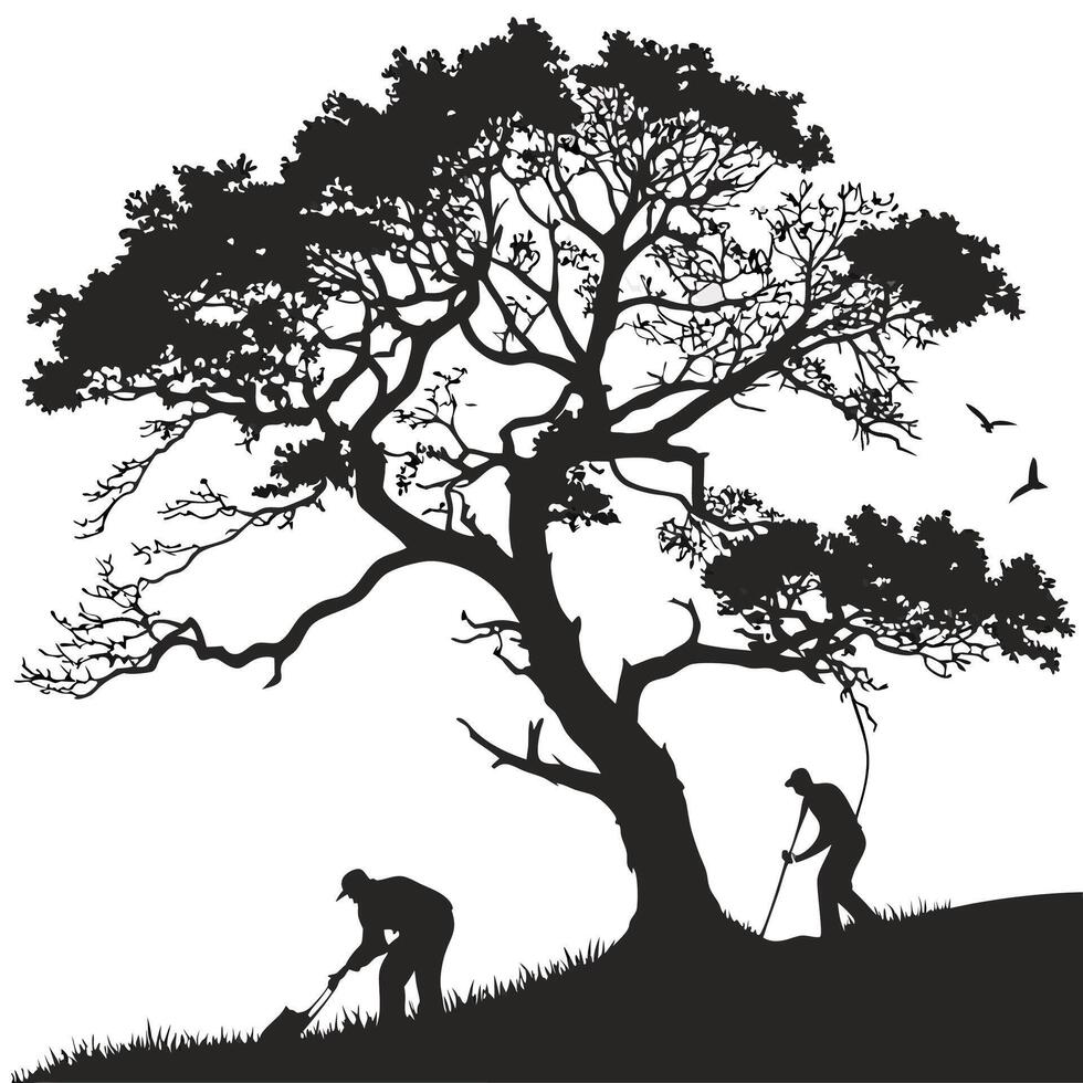 two men are working in the field with a tree vector