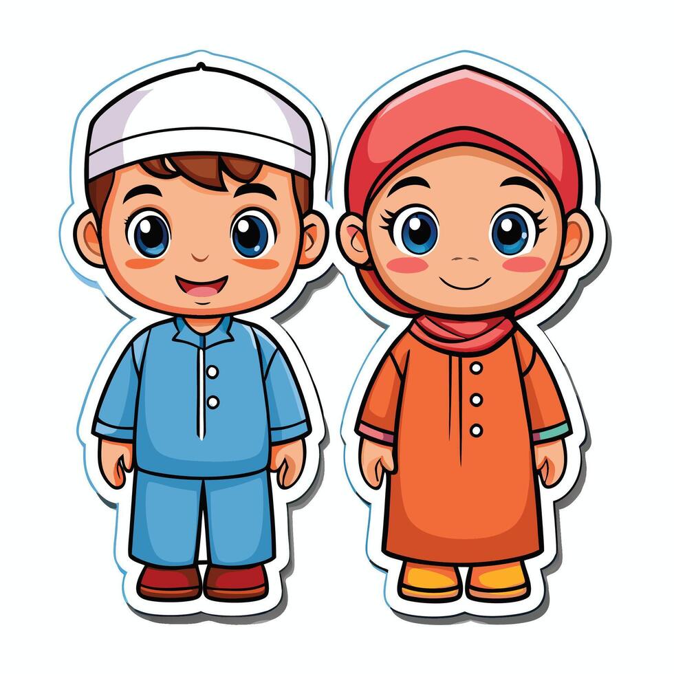 muslim boy and girl in traditional clothes vector