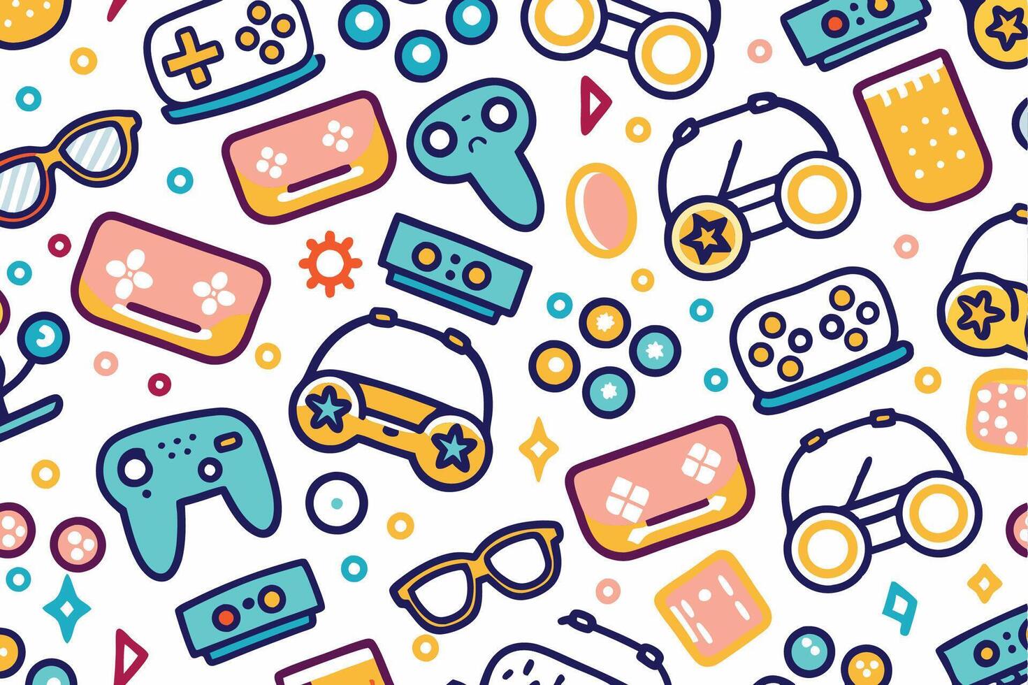 a colorful pattern with game controllers and other items vector