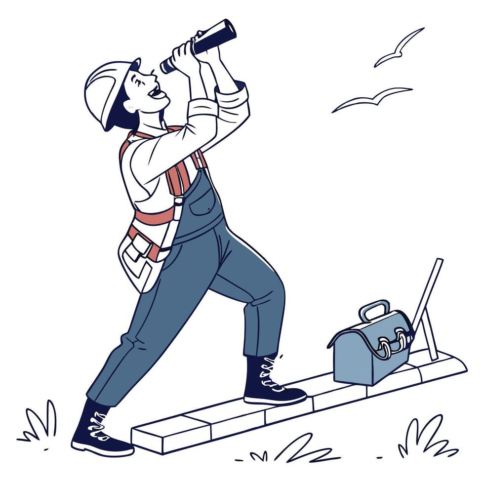 a man in overalls is holding a tool and drinking from a bottle vector