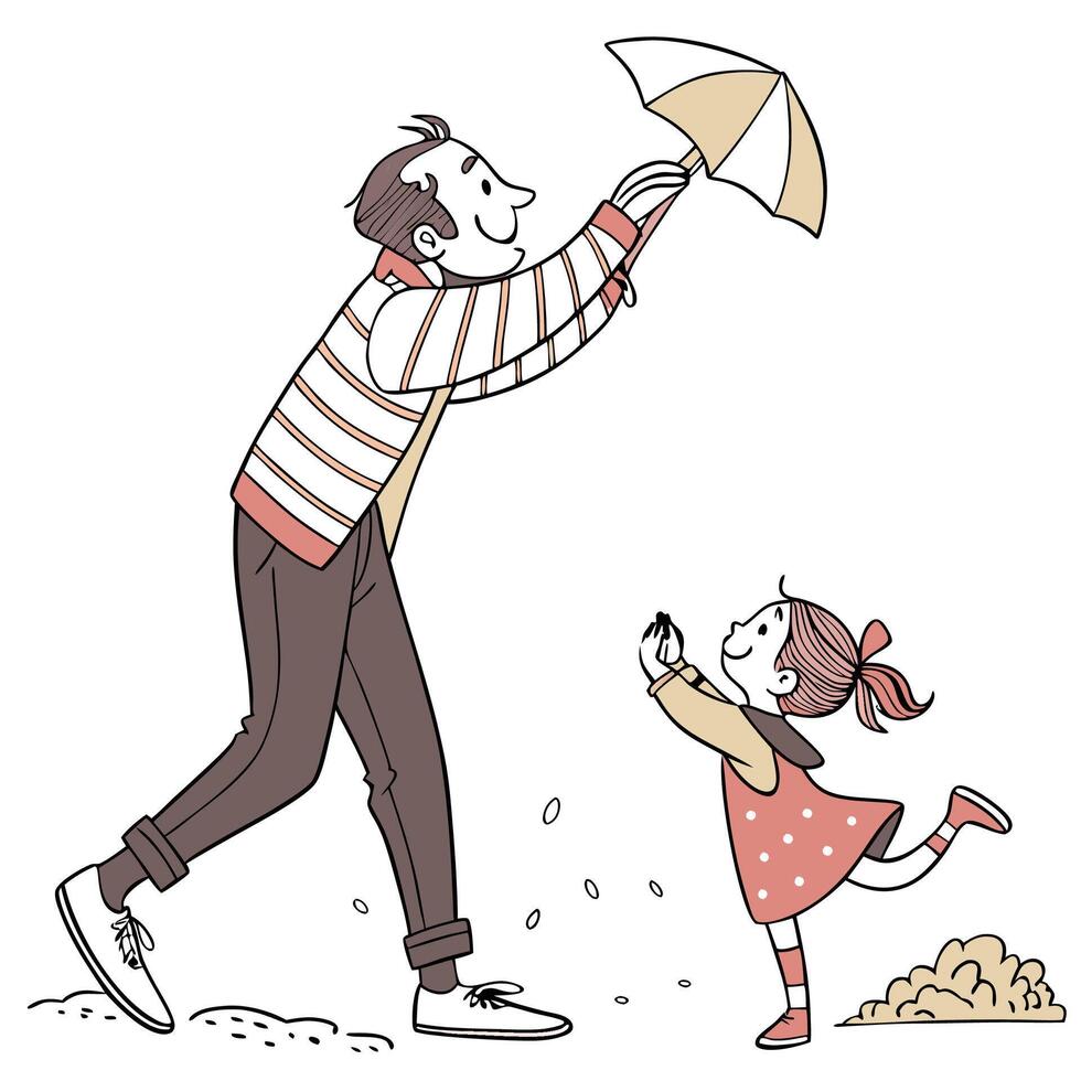 a man and a little girl are playing with an umbrella vector