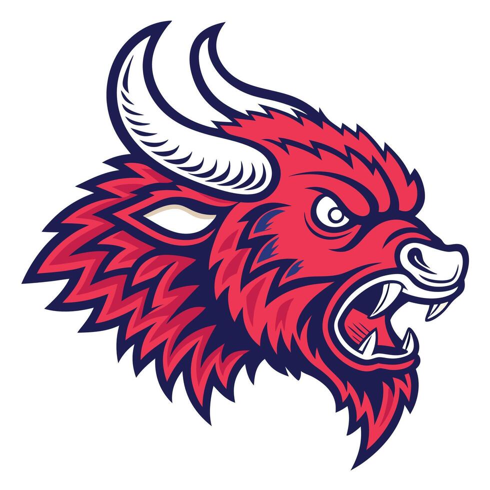 an angry bull head with horns and a red and blue color scheme vector