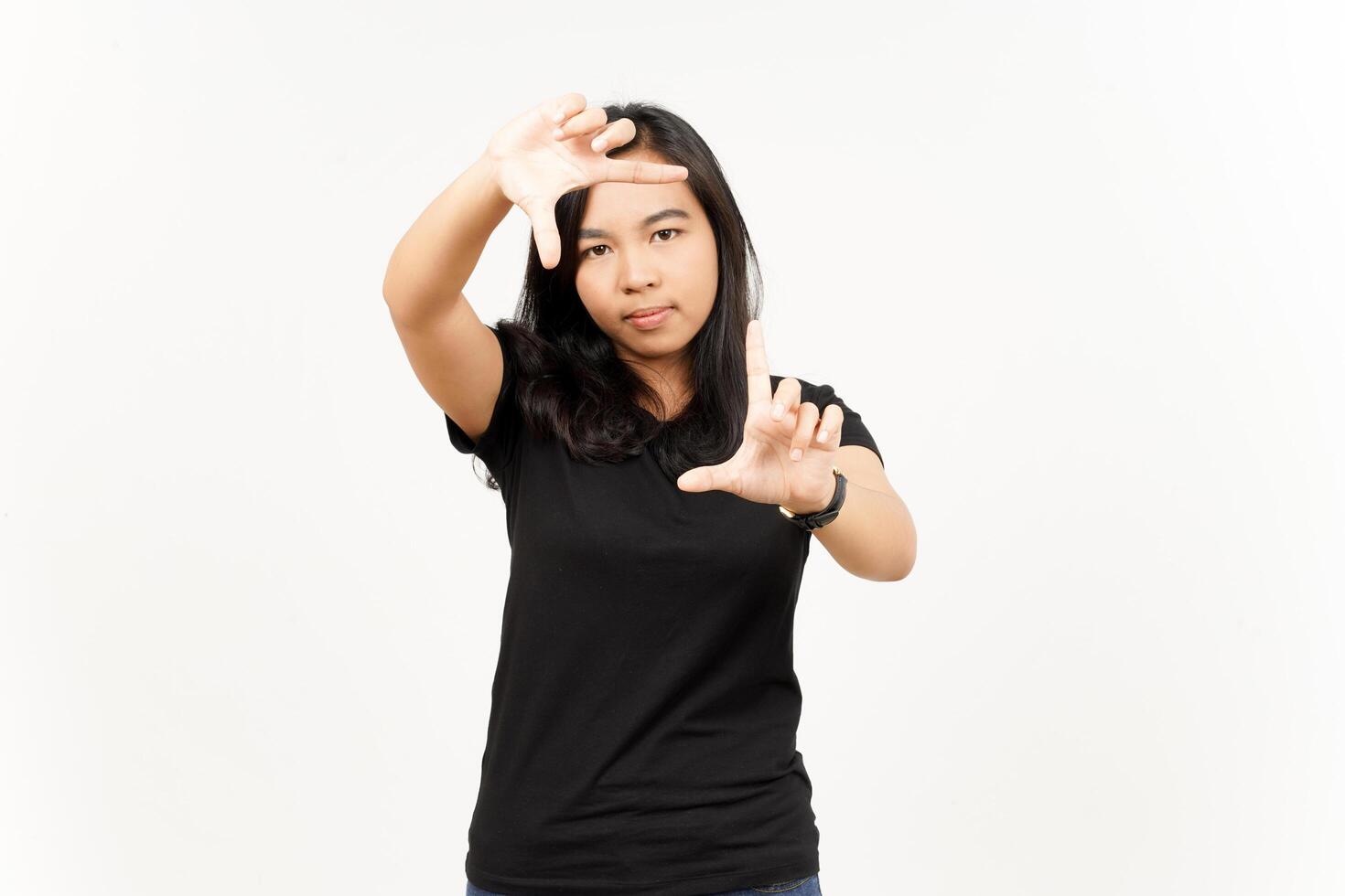 Make frame with finger of Beautiful Asian Woman Isolated On White Background photo