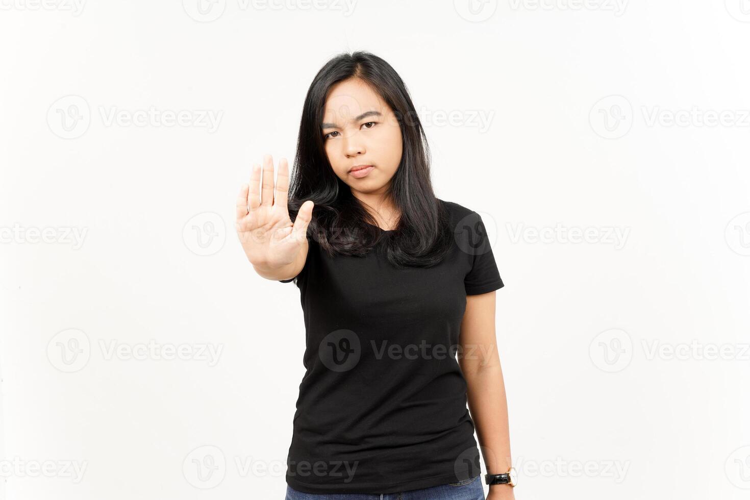 Stop rejection hand gesture of Beautiful Asian Woman Isolated On White Background photo