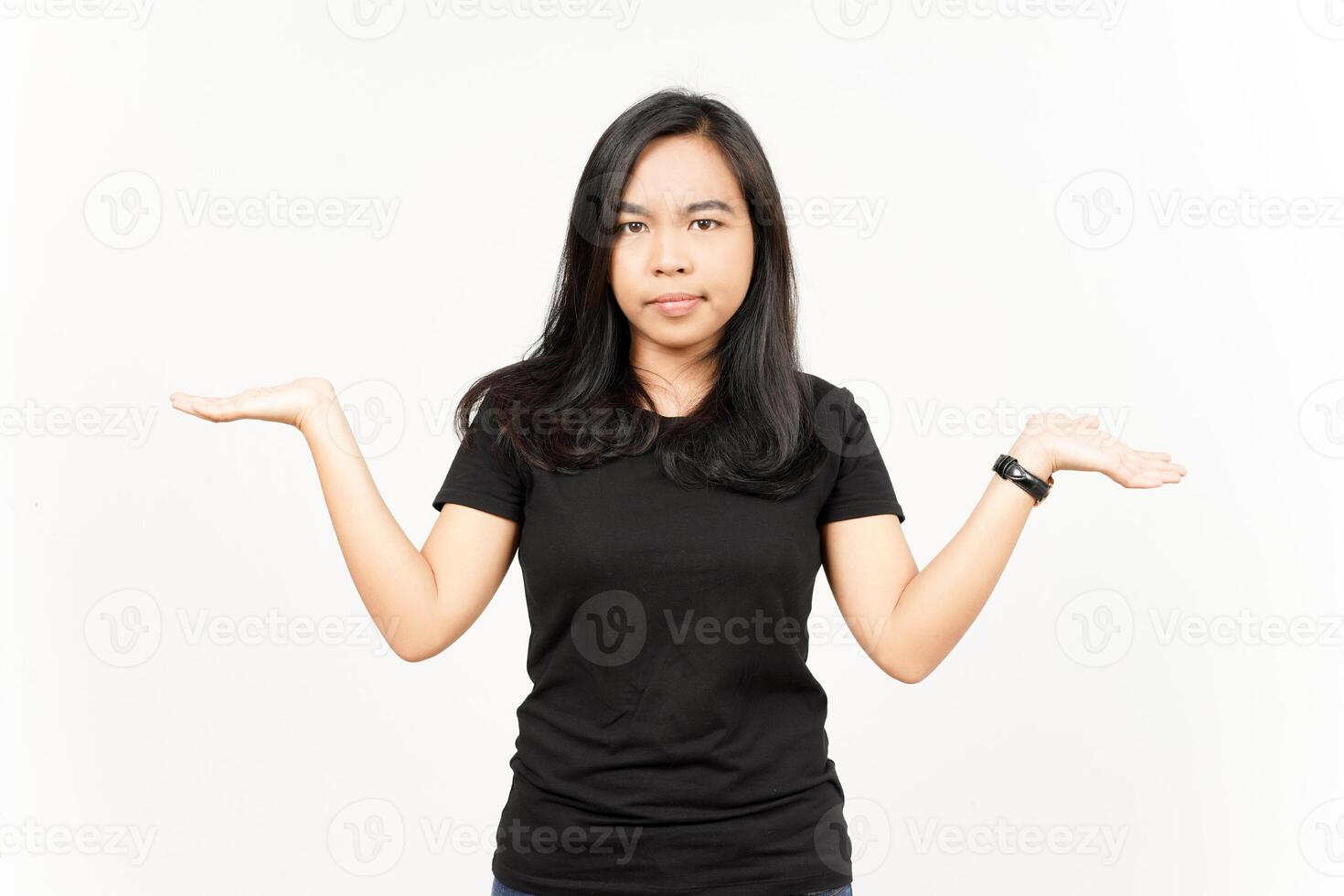 Presenting and Showing Two Product on Open palm of Beautiful Asian Woman Isolated On White photo