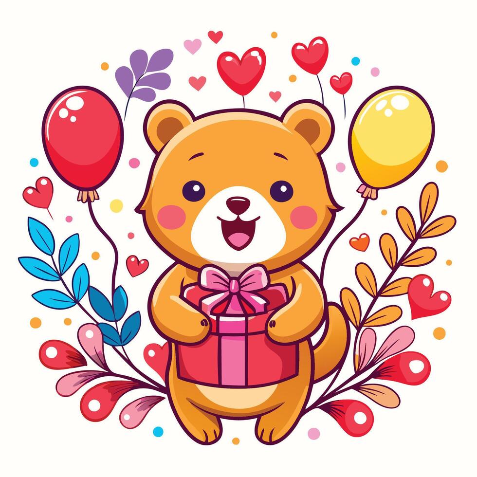 teddy bear sticker with flower and balloons Valentine's Day gift box vector
