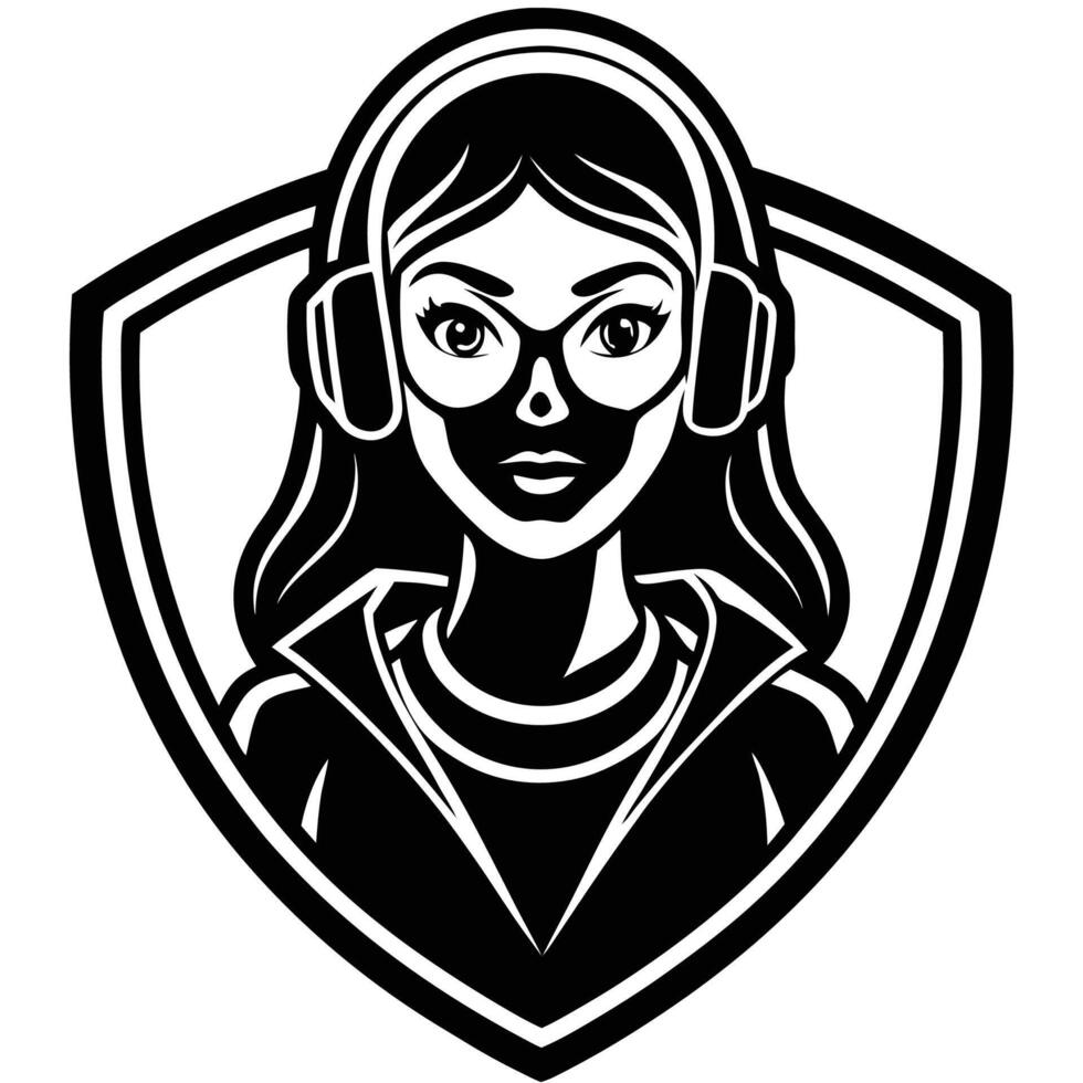a girl with headphones and glasses in a shield vector