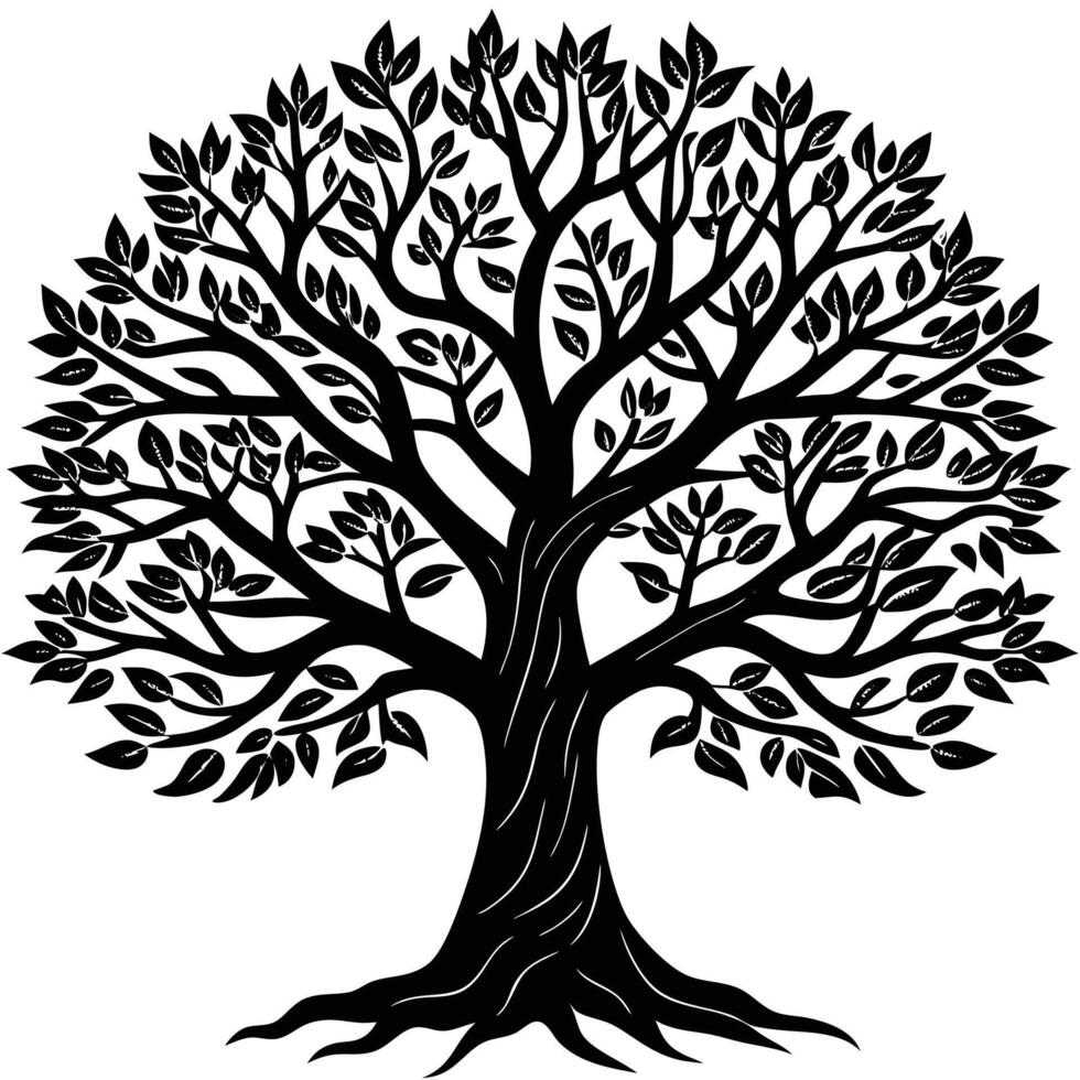 a black and white illustration of a tree with leaves vector