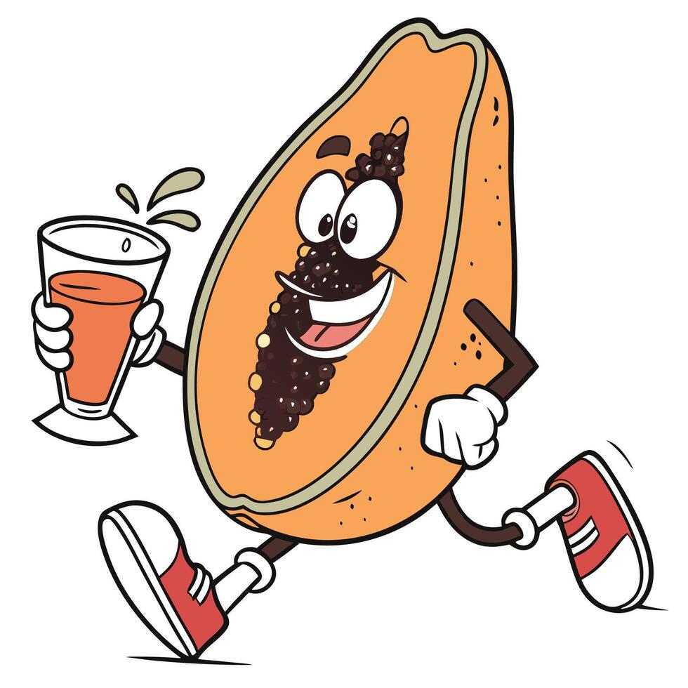 papaya fruit cartoon character running with a glass of juice illustration vector