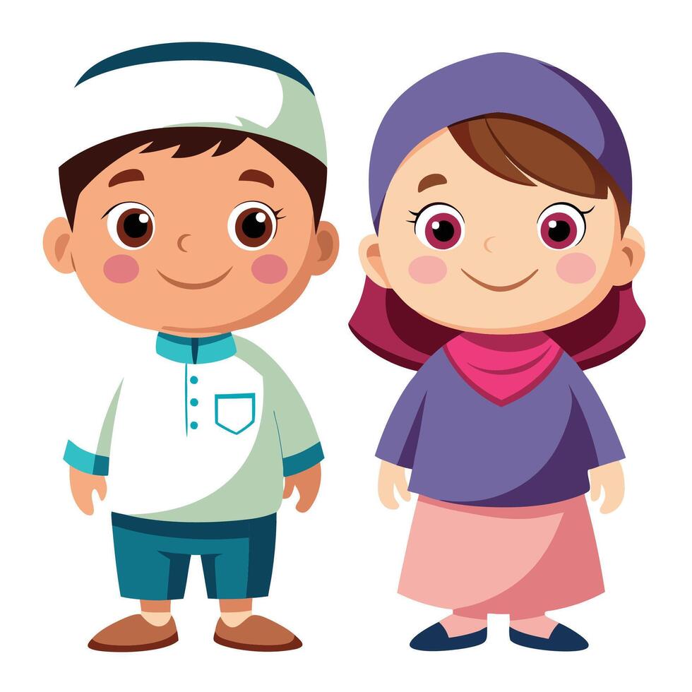 muslim boy and girl in traditional clothes vector
