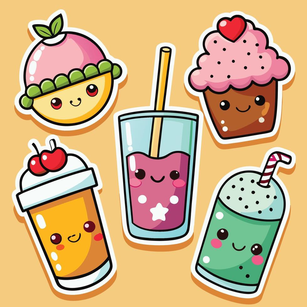 cute kawaii drink stickers set with different drinks vector