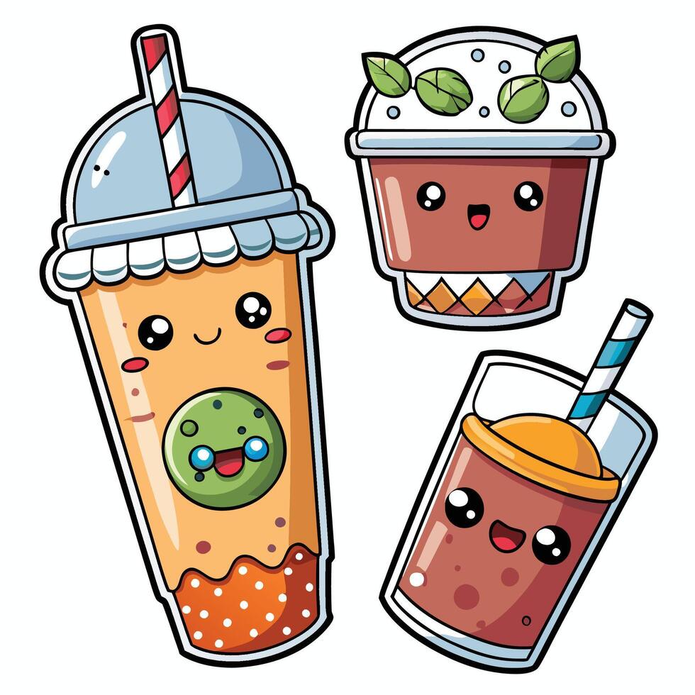 cute kawaii smoothie drink stickers set vector