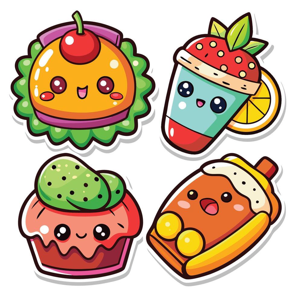 cute hamburger, burger, and fruit stickers set vector
