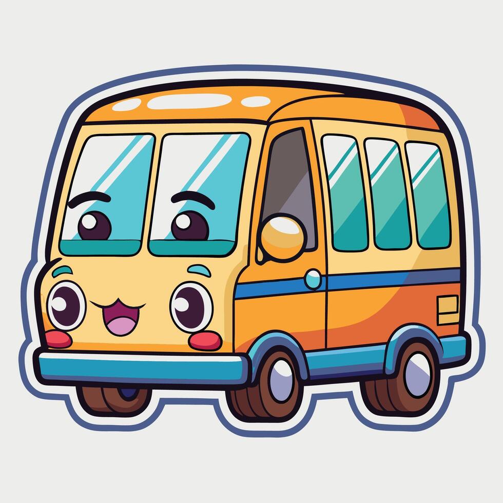 cartoon bus sticker with eyes and smile vector