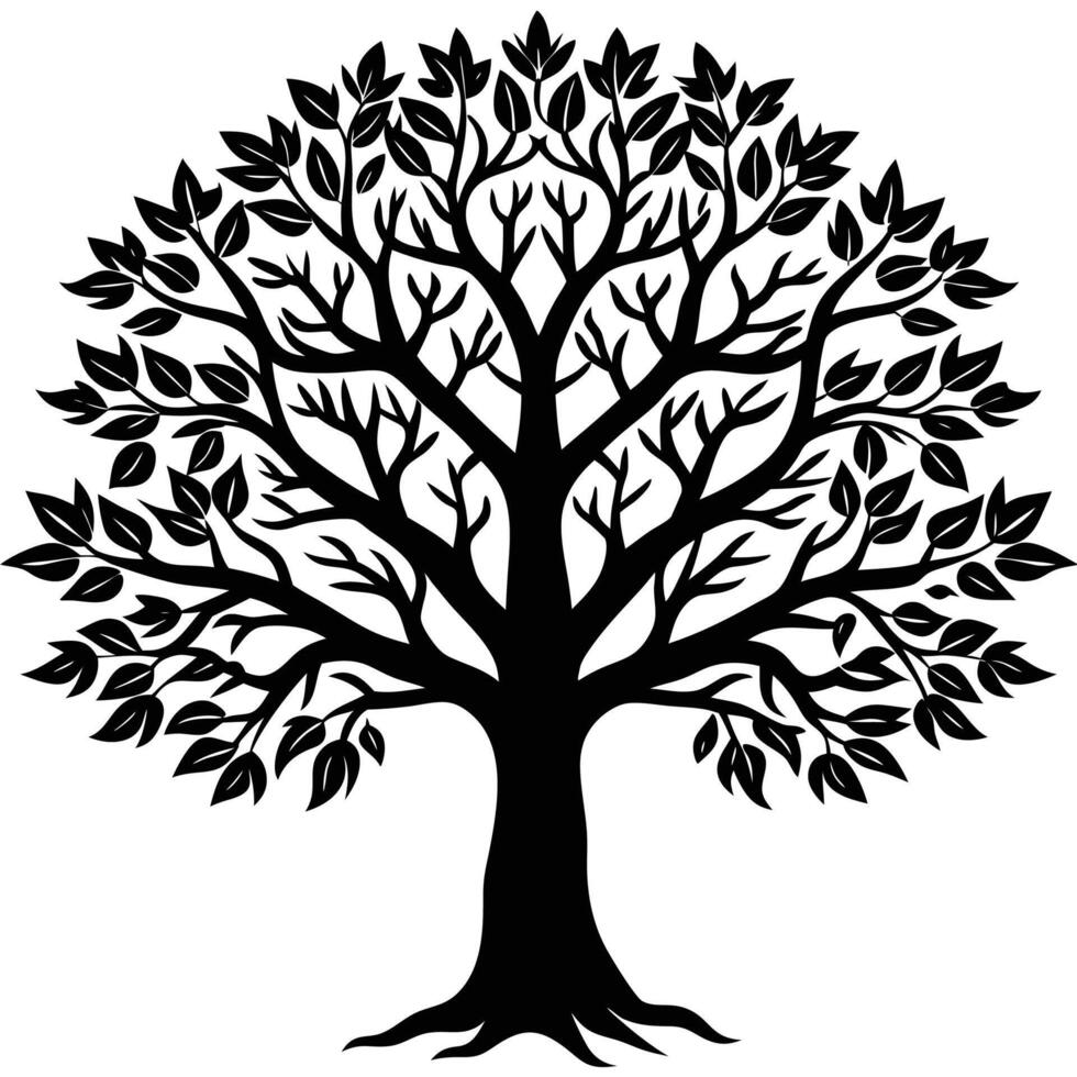a black and white silhouette of a tree with leaves vector