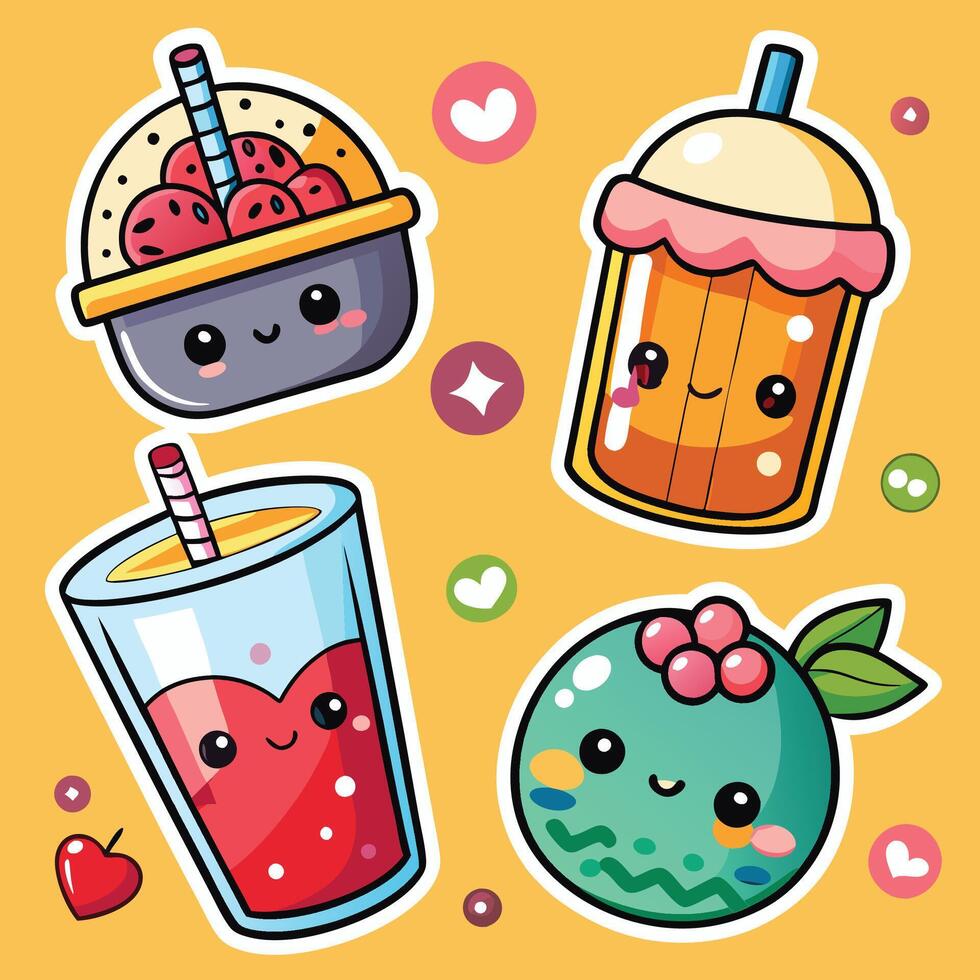 cute kawaii fruit drinks and drinks set vector