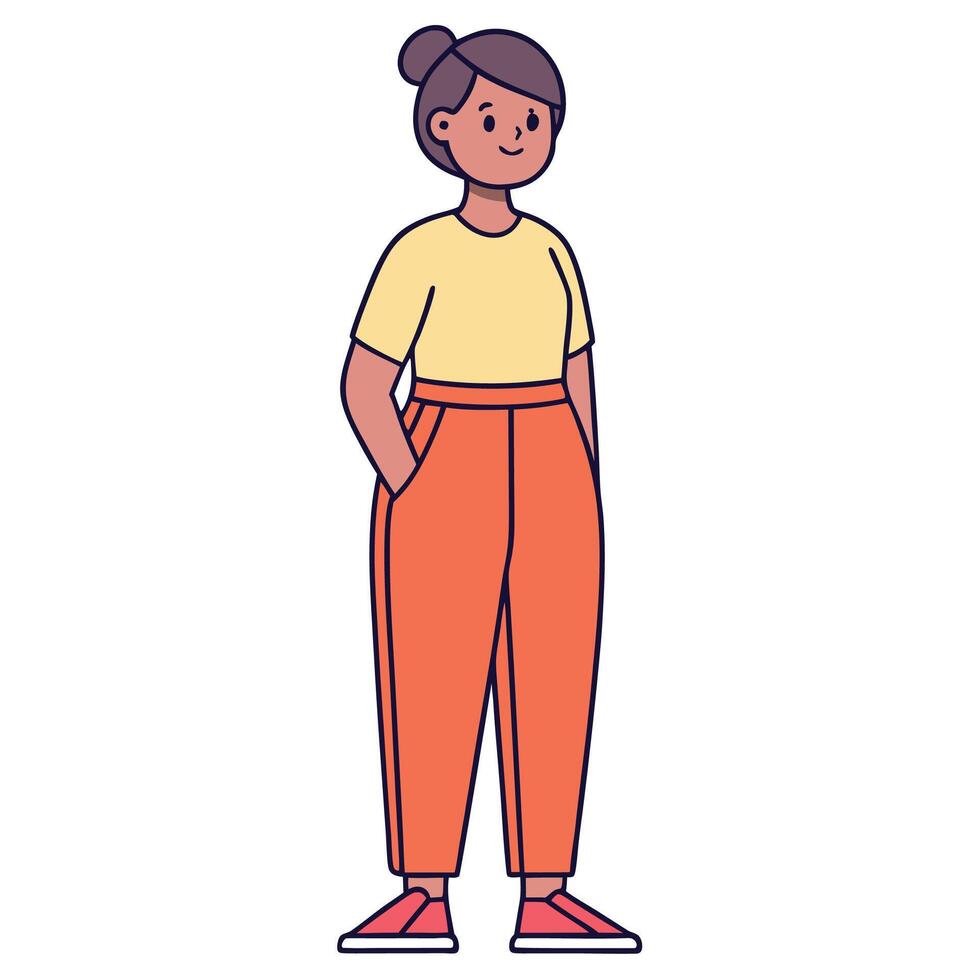 a woman in orange pants and a yellow shirt vector