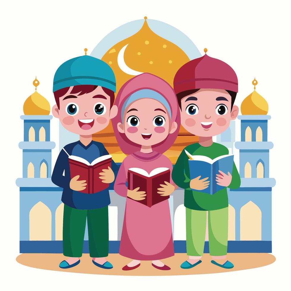 three muslim children reading books in front of a mosque vector