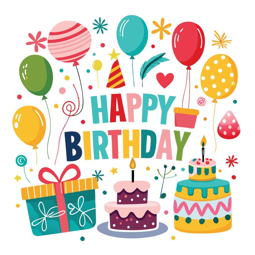 happy birthday card with balloons and cake vector