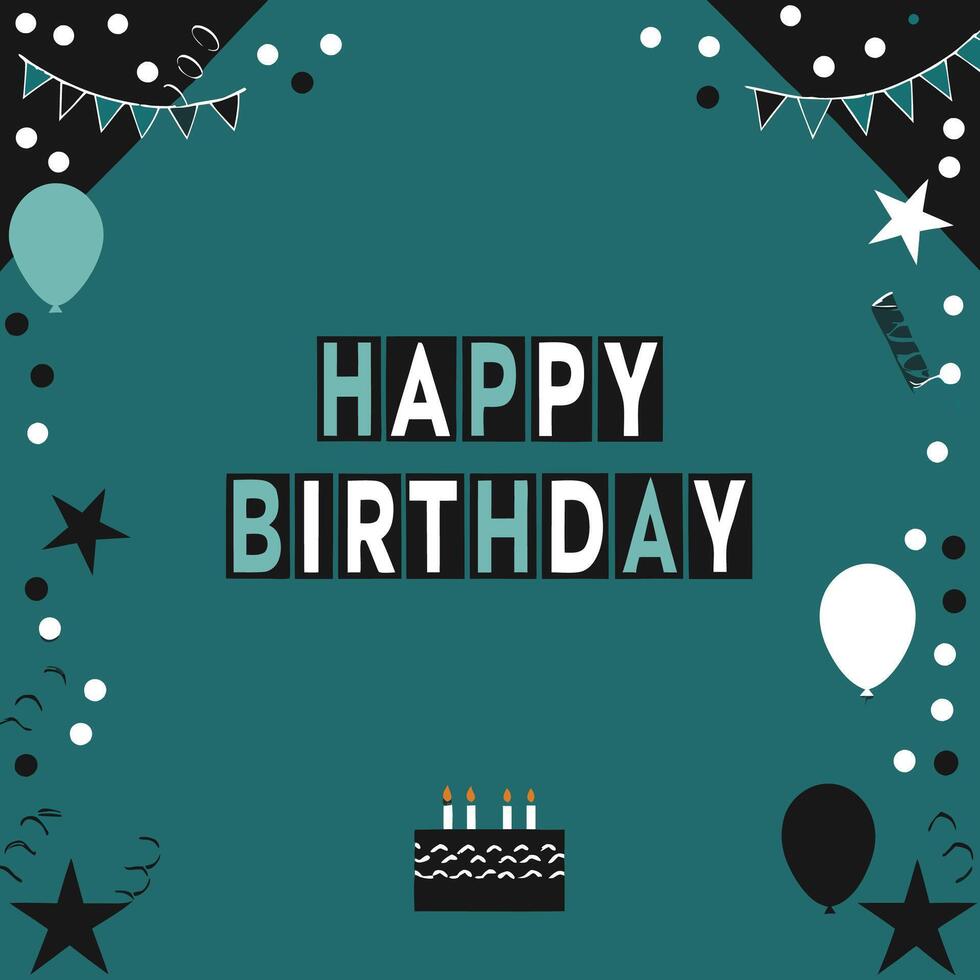 happy birthday card with black and white balloons, stars and confetti vector