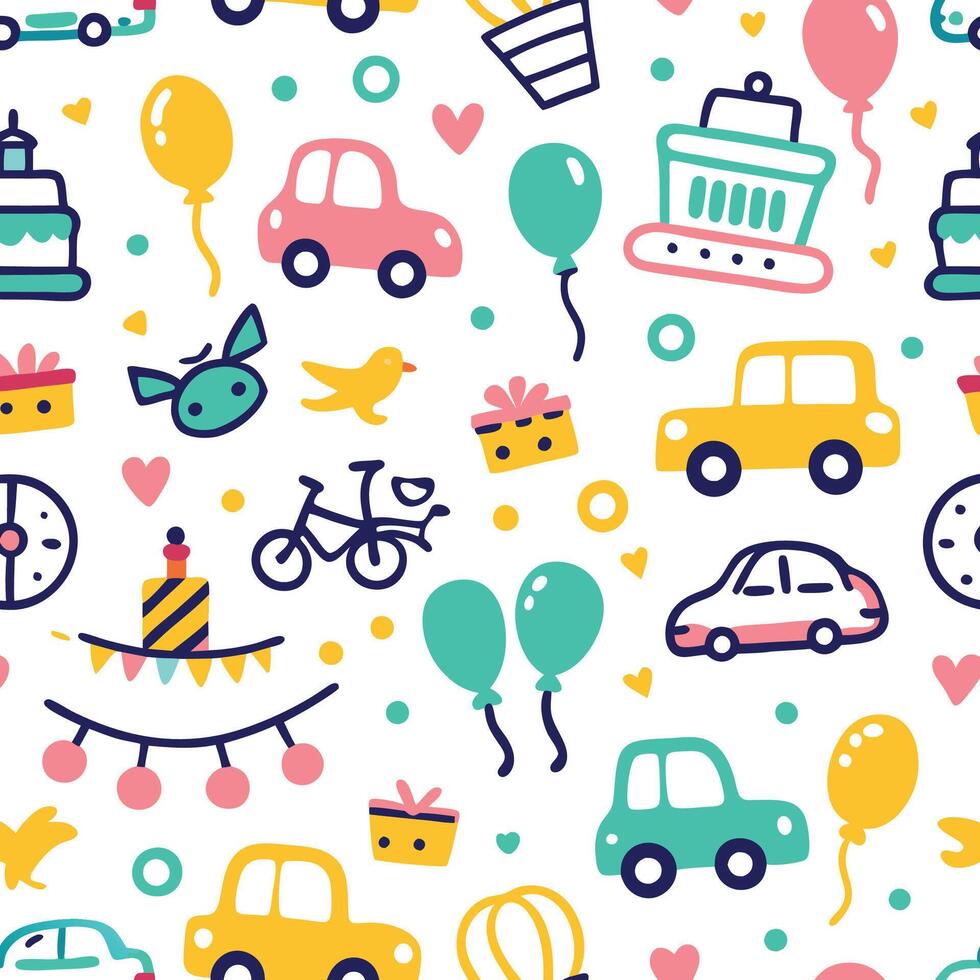 seamless pattern with cars, balloons and other items vector