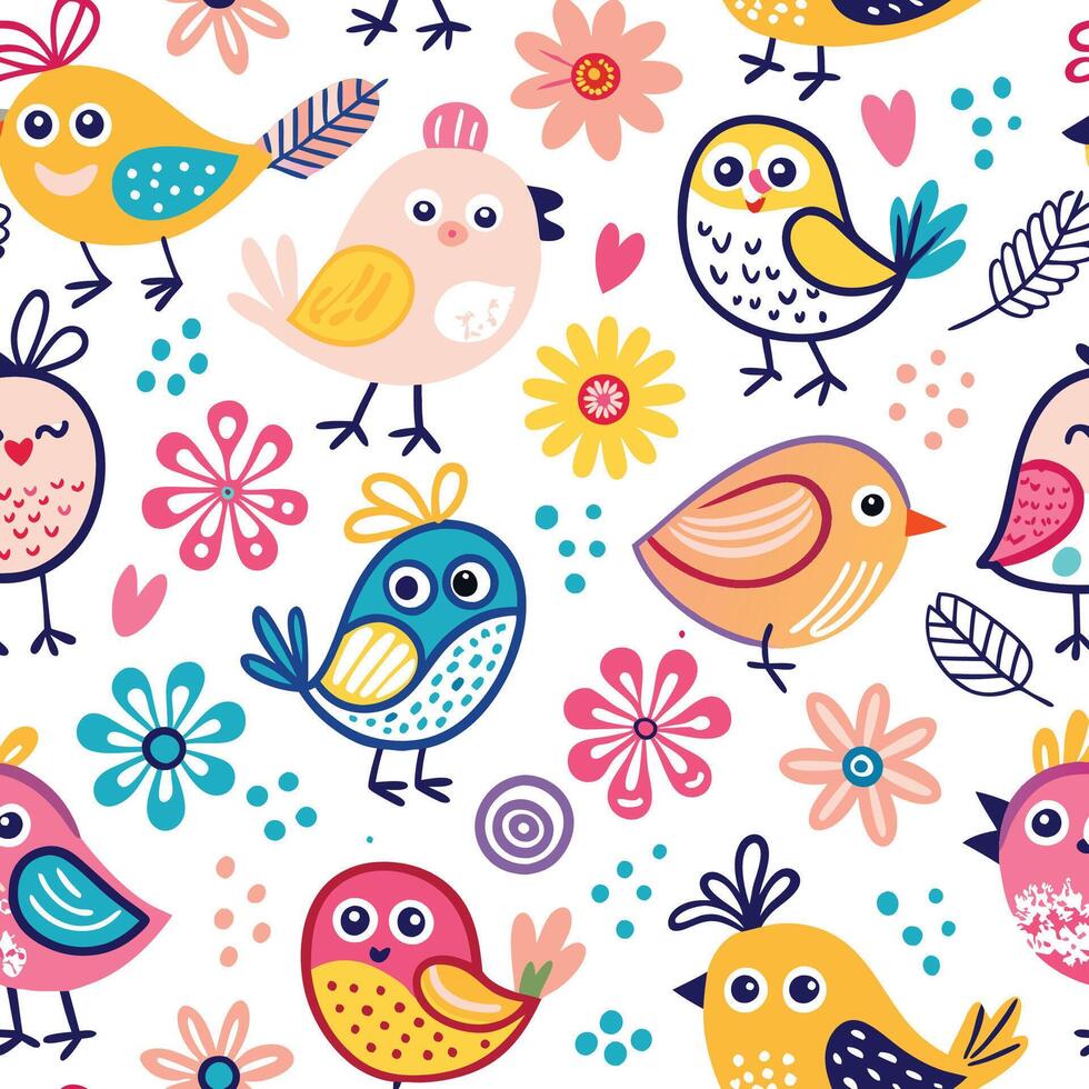 seamless pattern with cute birds and flowers vector