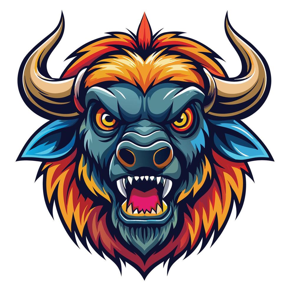an angry buffalo head with large horns vector